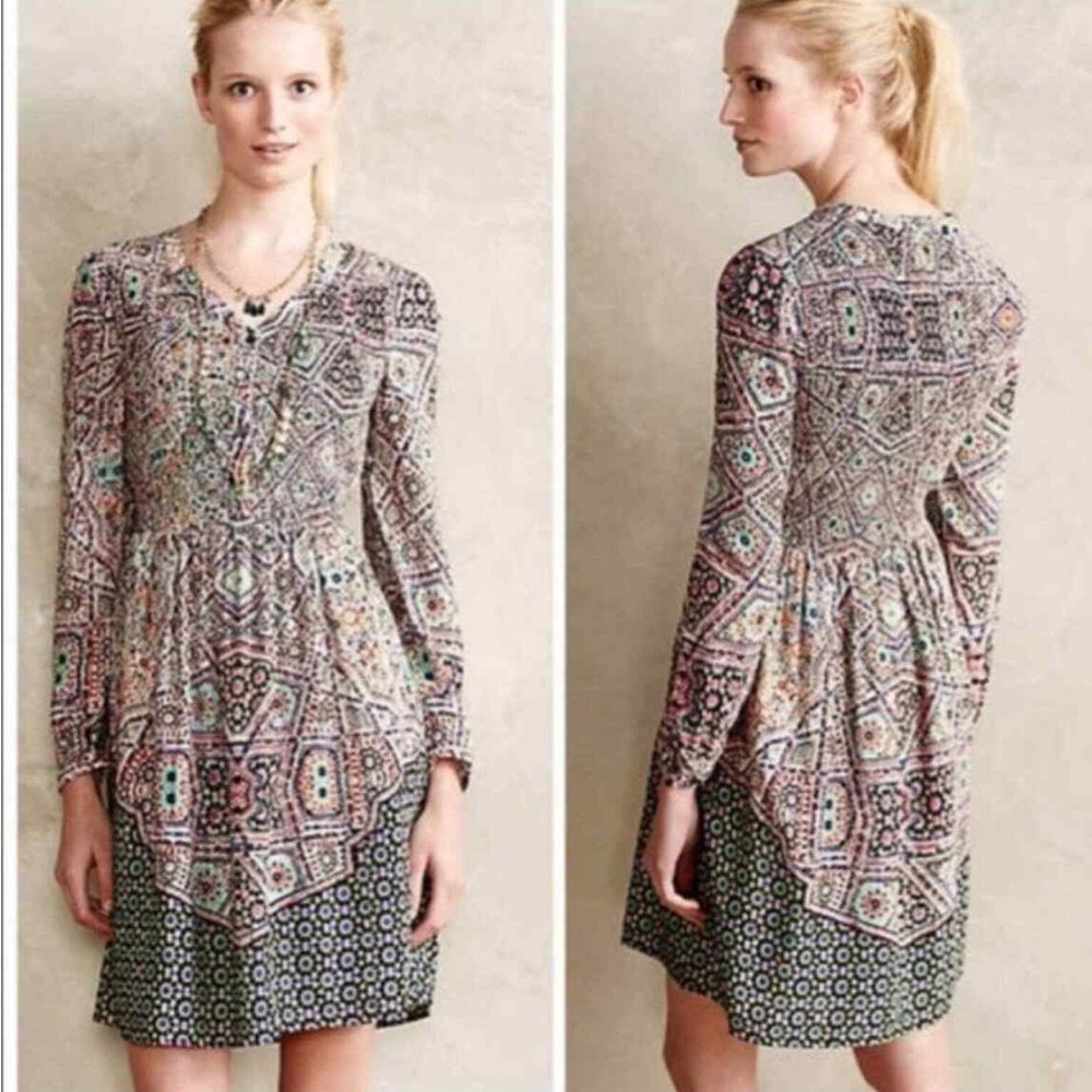 Anthropologie Maeve Tiled Amethyst Dress Smocked Pockets Size Large